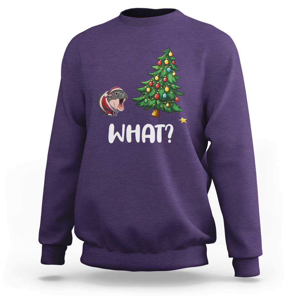 Funny Moo Deng Christmas Sweatshirt What Santa Cute Hippo Zoo Meme Baby Pygmy Xmas Tree - Wonder Print Shop