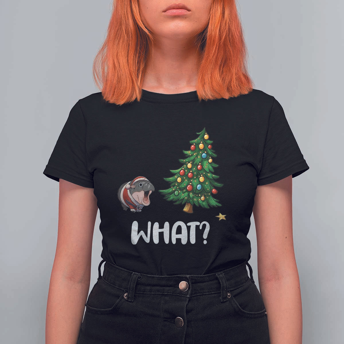 Funny Moo Deng Christmas T Shirt For Women What Santa Cute Hippo Zoo Meme Baby Pygmy Xmas Tree - Wonder Print Shop
