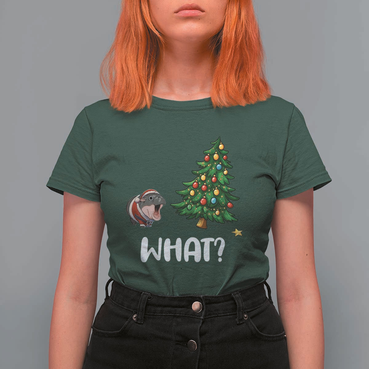 Funny Moo Deng Christmas T Shirt For Women What Santa Cute Hippo Zoo Meme Baby Pygmy Xmas Tree - Wonder Print Shop