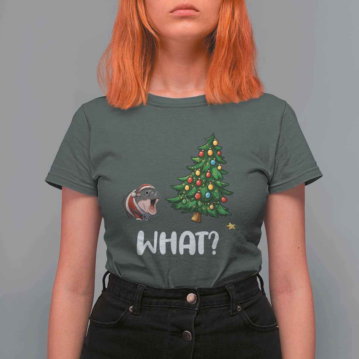 Funny Moo Deng Christmas T Shirt For Women What Santa Cute Hippo Zoo Meme Baby Pygmy Xmas Tree - Wonder Print Shop
