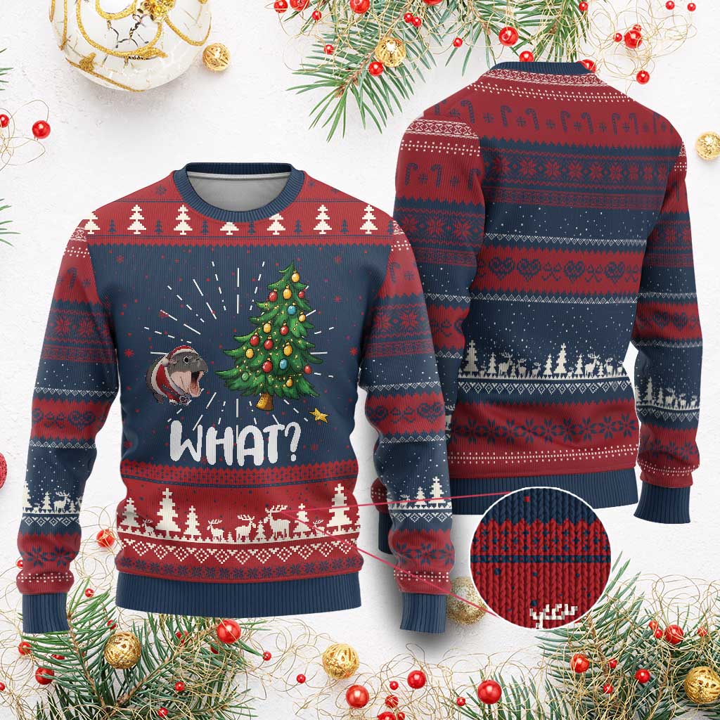 Funny Moo Deng Xmas Ugly Christmas Sweater What Santa Cute Hippo Zoo Meme Baby Pygmy Xmas Tree - Wonder Print Shop