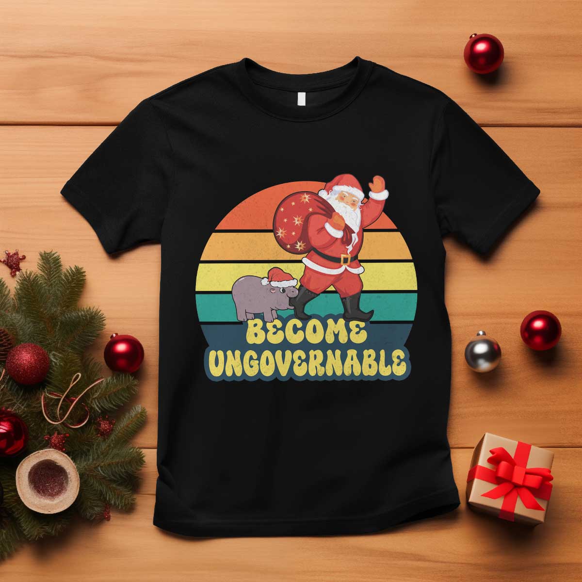 Funny Moo Deng Christmas T Shirt Become Ungovernable Xmas Santa - Wonder Print Shop