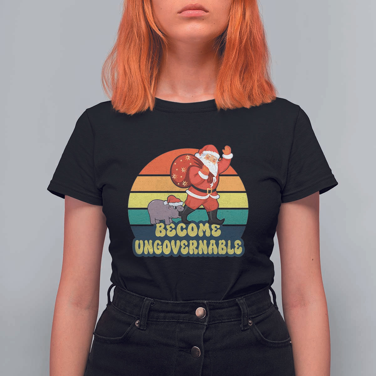 Funny Moo Deng Christmas T Shirt For Women Become Ungovernable Xmas Santa - Wonder Print Shop