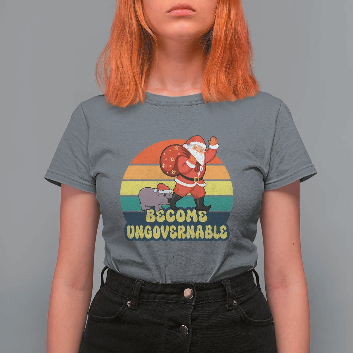 Funny Moo Deng Christmas T Shirt For Women Become Ungovernable Xmas Santa - Wonder Print Shop