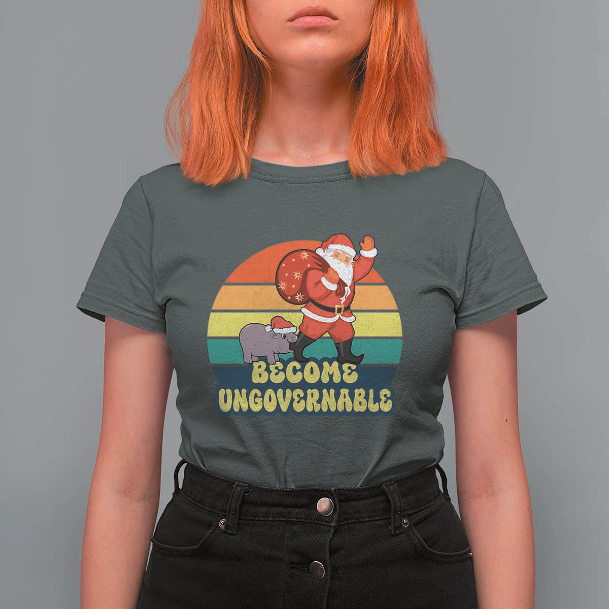 Funny Moo Deng Christmas T Shirt For Women Become Ungovernable Xmas Santa - Wonder Print Shop