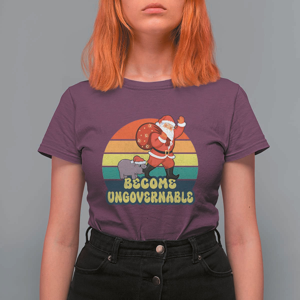 Funny Moo Deng Christmas T Shirt For Women Become Ungovernable Xmas Santa - Wonder Print Shop