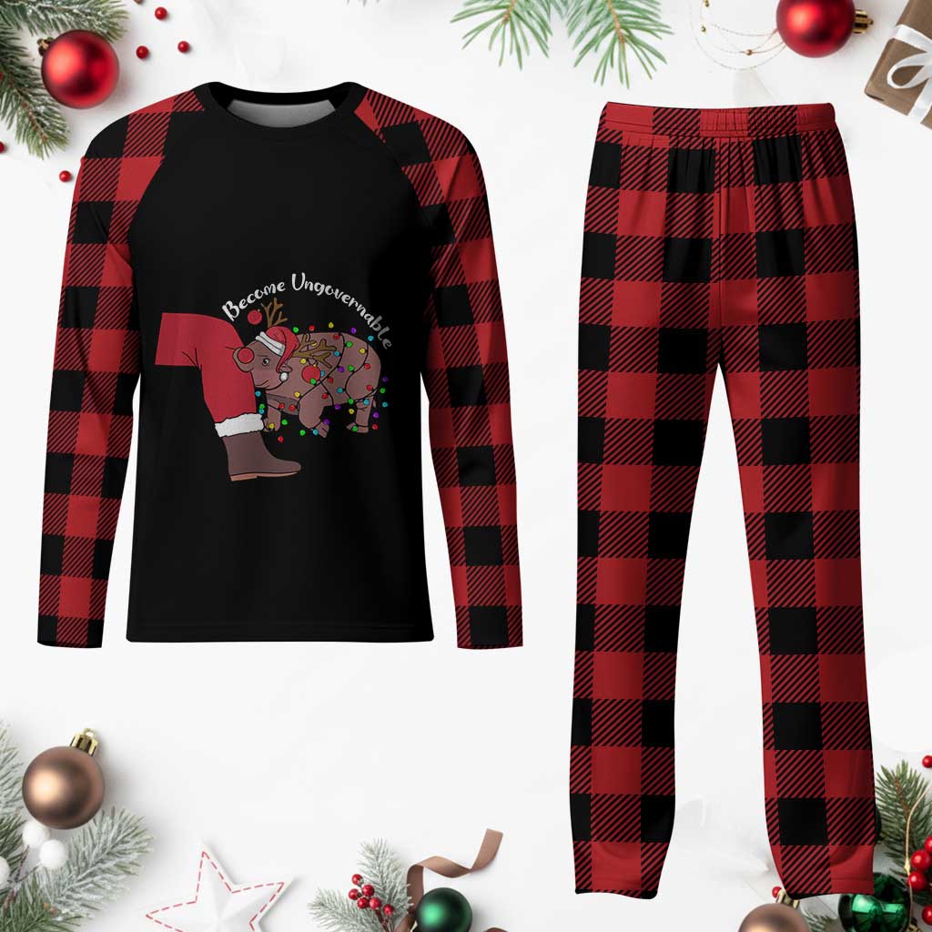 Funny Moo Deng Christmas Plaid Pajama Set Become Ungovernable Reindeer Xmas Santa - Wonder Print Shop