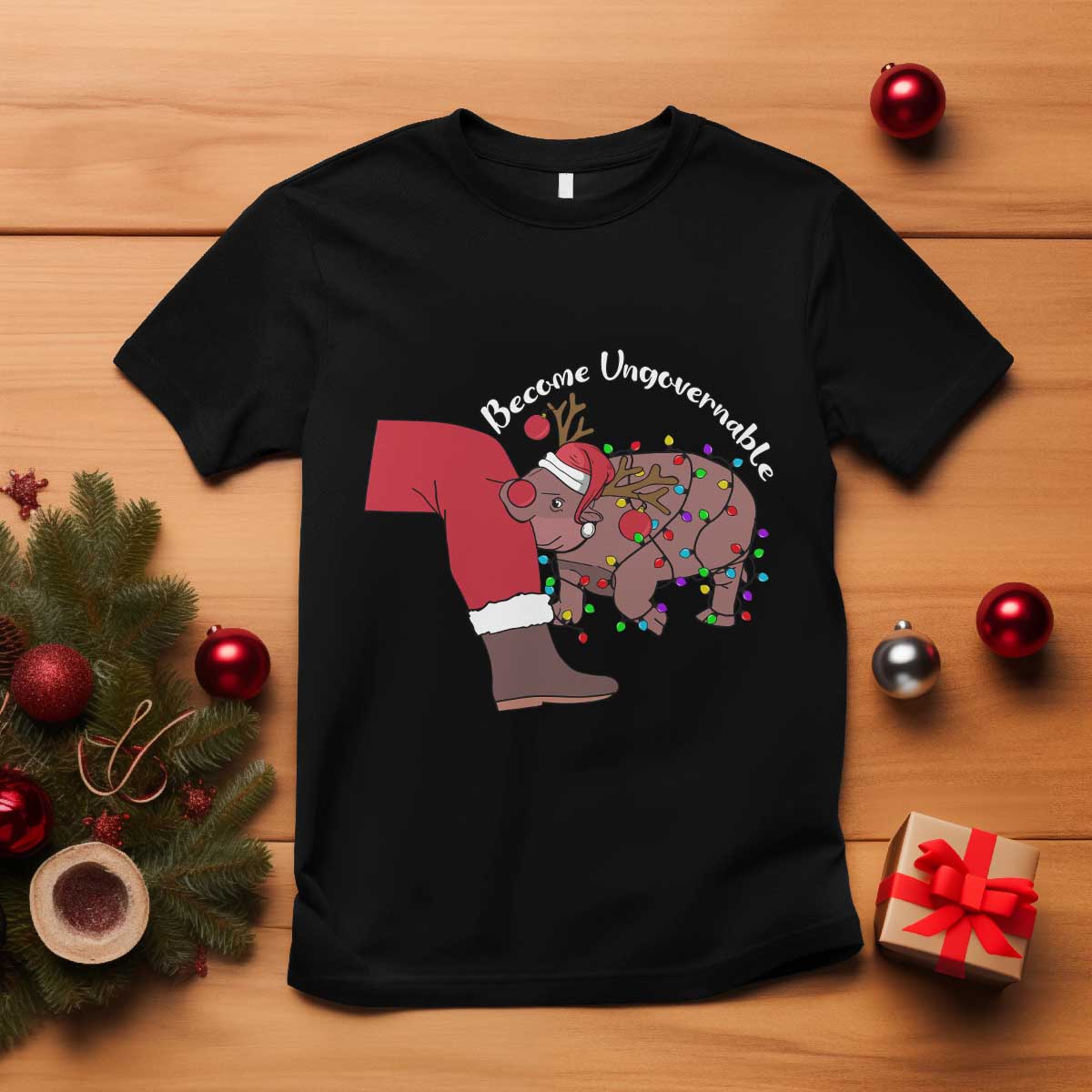 Funny Moo Deng Christmas T Shirt Become Ungovernable Reindeer Xmas Santa - Wonder Print Shop