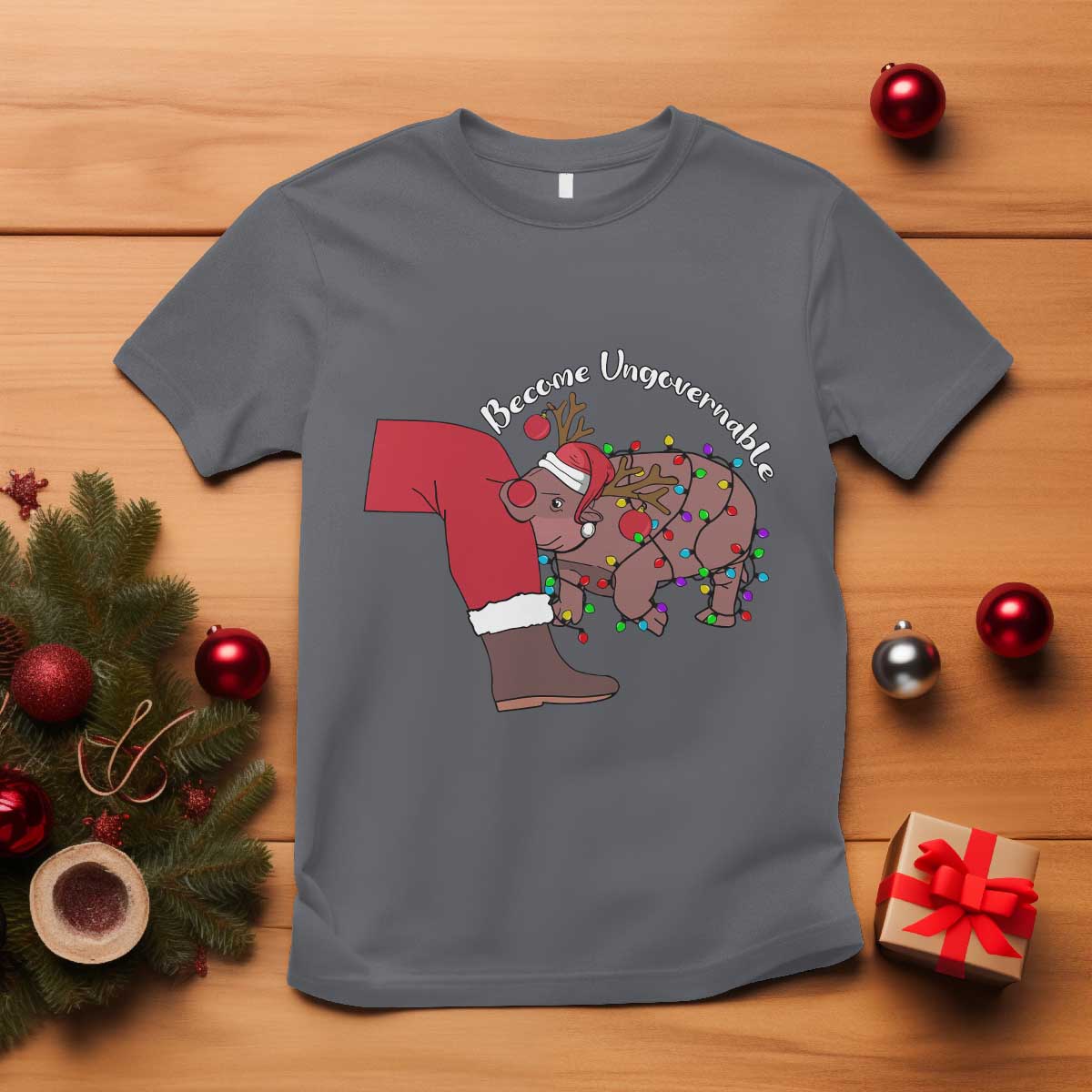 Funny Moo Deng Christmas T Shirt Become Ungovernable Reindeer Xmas Santa - Wonder Print Shop