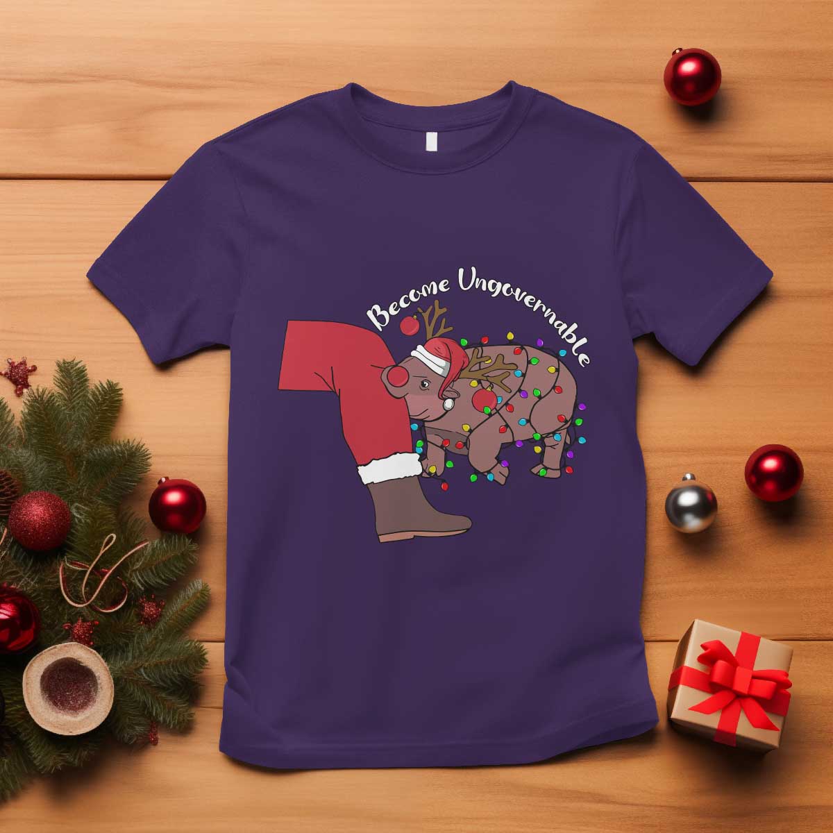 Funny Moo Deng Christmas T Shirt Become Ungovernable Reindeer Xmas Santa - Wonder Print Shop