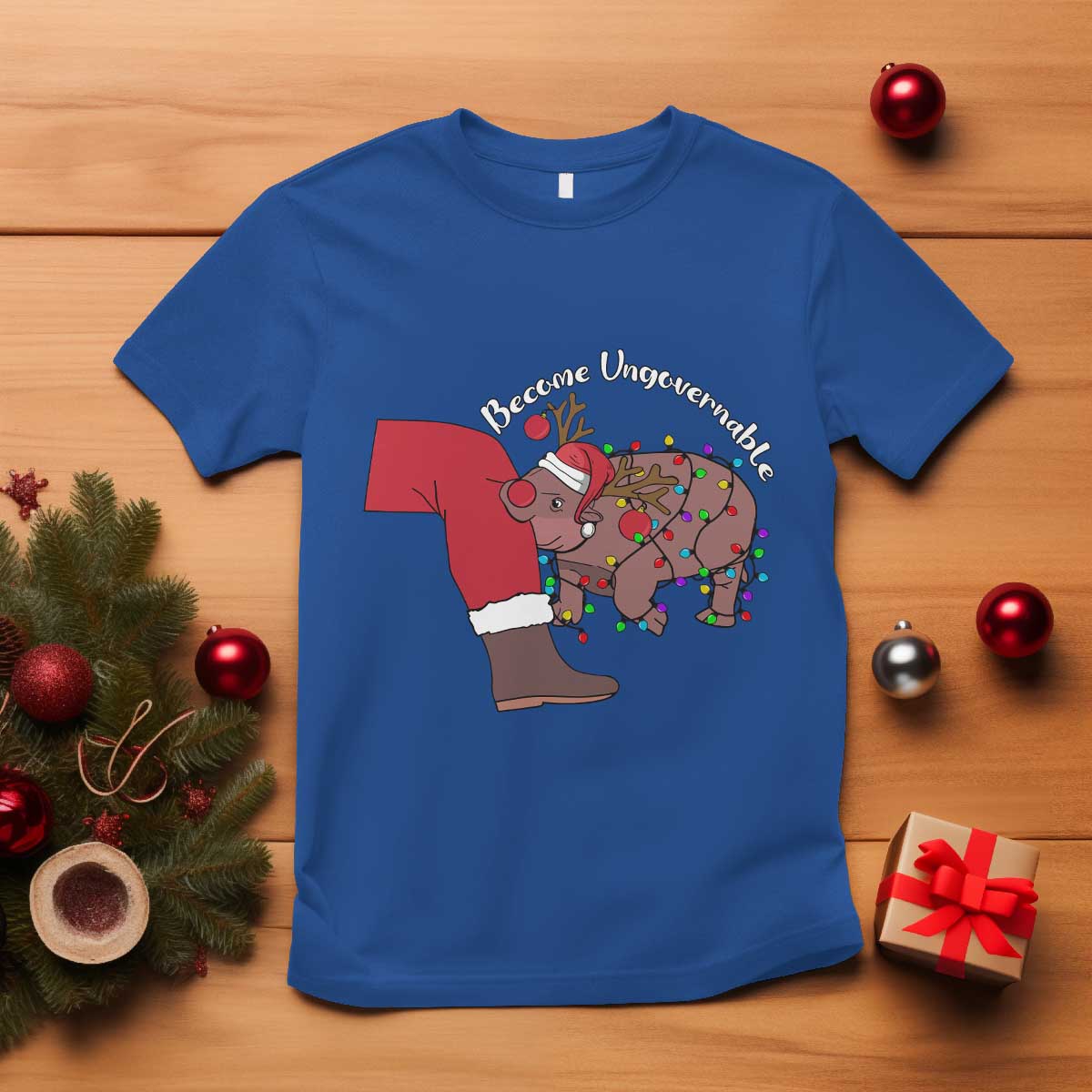 Funny Moo Deng Christmas T Shirt Become Ungovernable Reindeer Xmas Santa - Wonder Print Shop