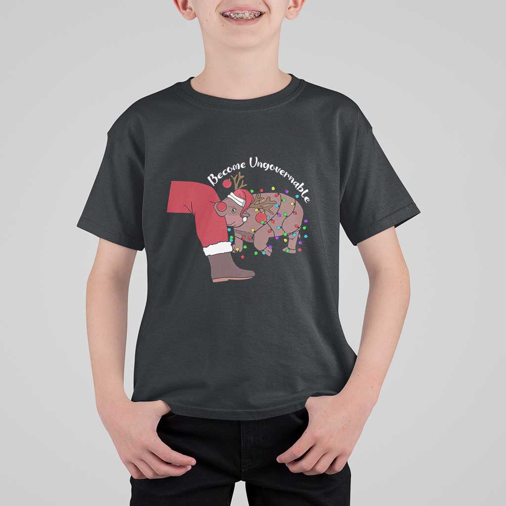 Funny Moo Deng Christmas T Shirt For Kid Become Ungovernable Reindeer Xmas Santa - Wonder Print Shop