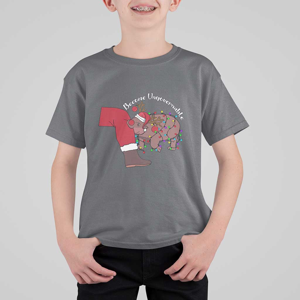 Funny Moo Deng Christmas T Shirt For Kid Become Ungovernable Reindeer Xmas Santa - Wonder Print Shop
