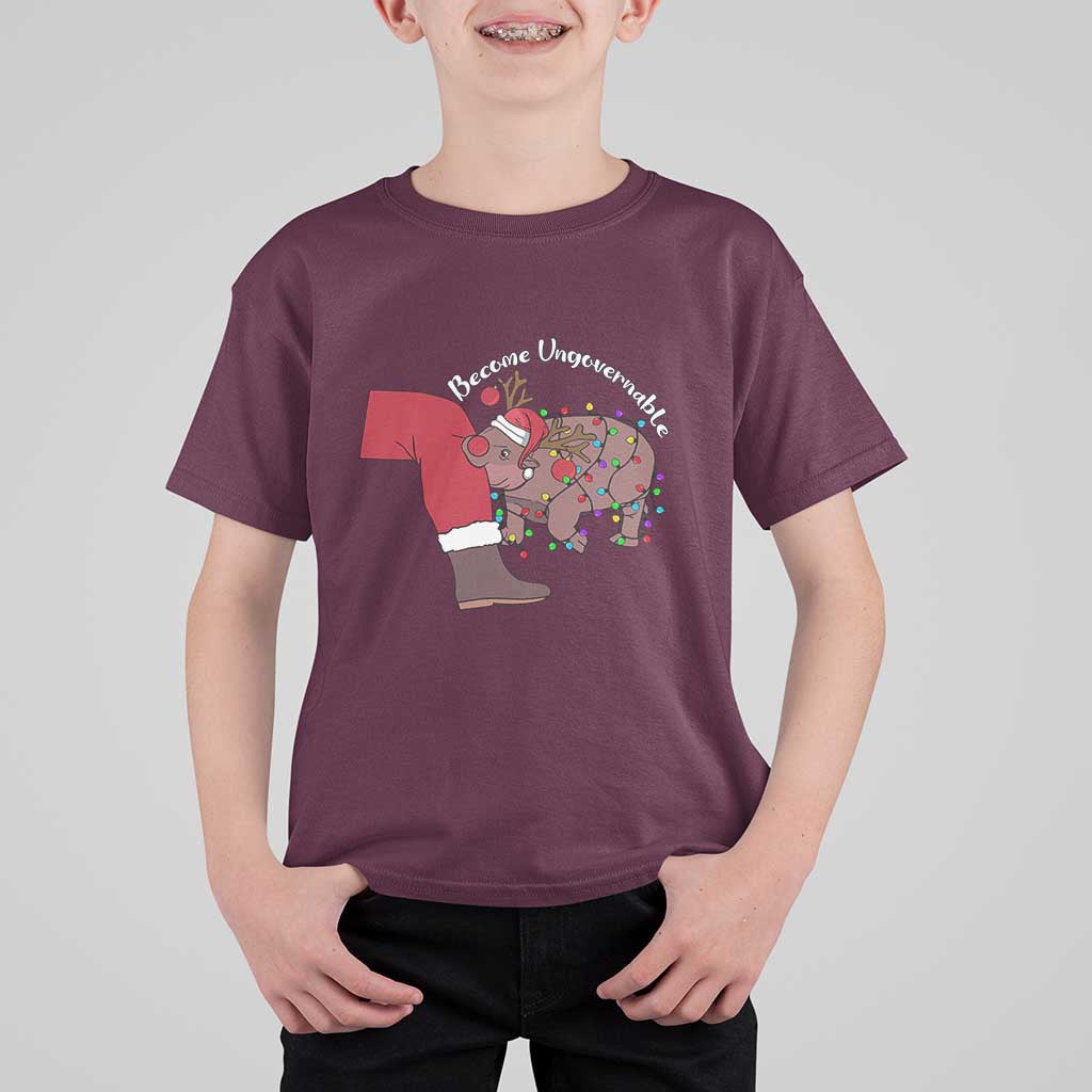 Funny Moo Deng Christmas T Shirt For Kid Become Ungovernable Reindeer Xmas Santa - Wonder Print Shop