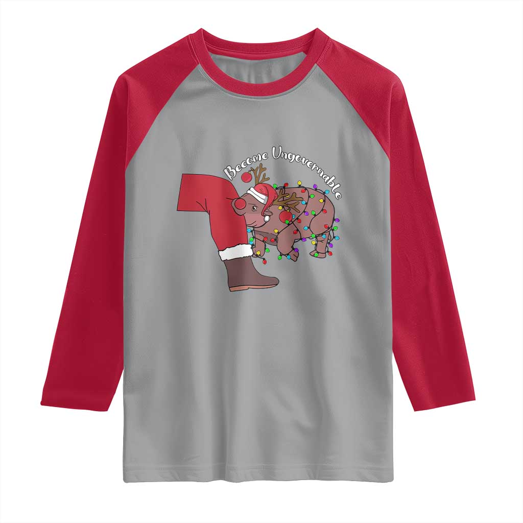 Funny Moo Deng Christmas Raglan Shirt Become Ungovernable Reindeer Xmas Santa - Wonder Print Shop