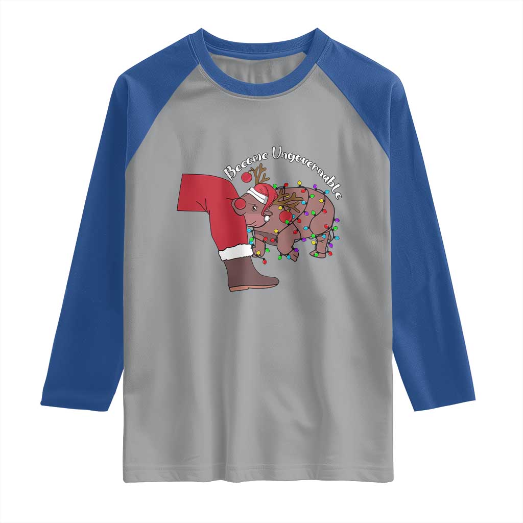 Funny Moo Deng Christmas Raglan Shirt Become Ungovernable Reindeer Xmas Santa - Wonder Print Shop