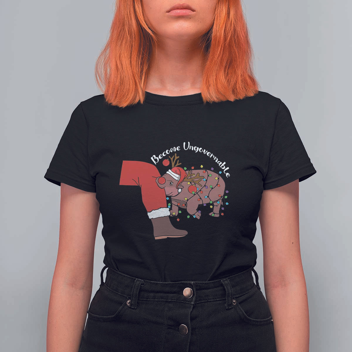 Funny Moo Deng Christmas T Shirt For Women Become Ungovernable Reindeer Xmas Santa - Wonder Print Shop