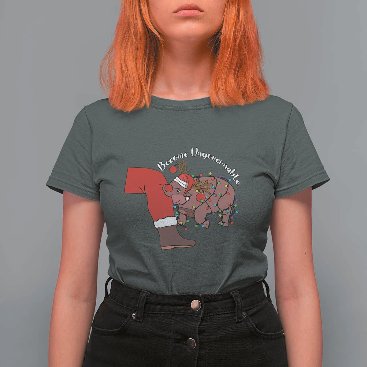 Funny Moo Deng Christmas T Shirt For Women Become Ungovernable Reindeer Xmas Santa - Wonder Print Shop