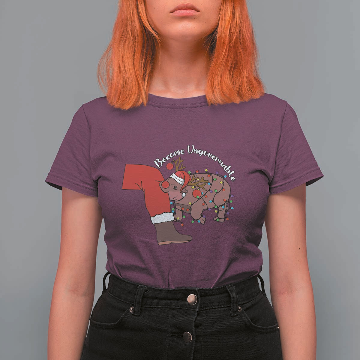 Funny Moo Deng Christmas T Shirt For Women Become Ungovernable Reindeer Xmas Santa - Wonder Print Shop