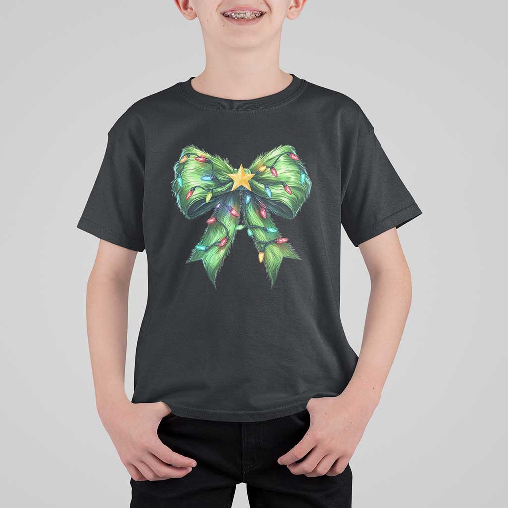 Funny Christmas Coquette T Shirt For Kid Green Xmas Tree Bow - Wonder Print Shop