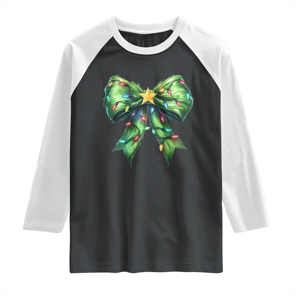 Funny Christmas Coquette Raglan Shirt Green Xmas Tree Bow - Wonder Print Shop
