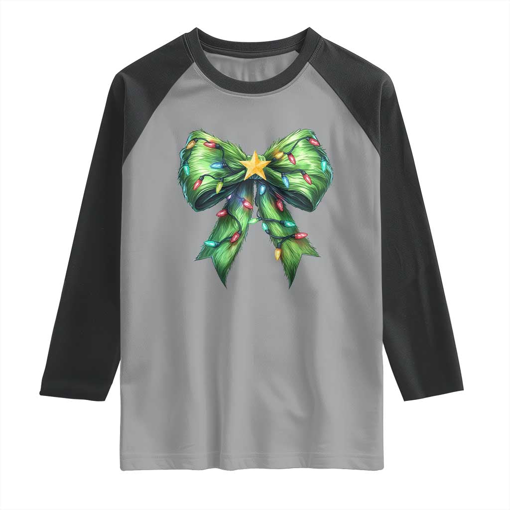 Funny Christmas Coquette Raglan Shirt Green Xmas Tree Bow - Wonder Print Shop
