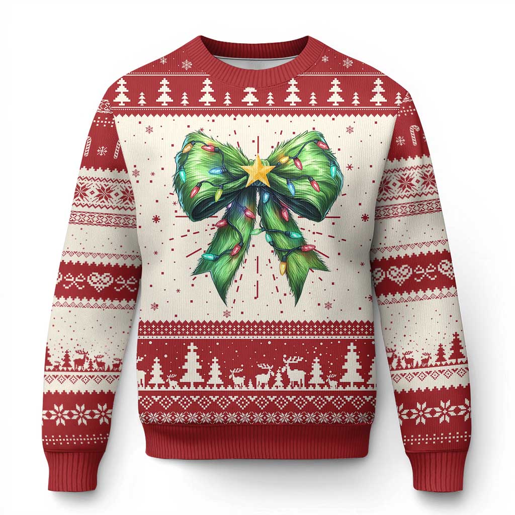 Funny Xmas Coquette Ugly Christmas Sweater Green Xmas Tree Bow - Wonder Print Shop