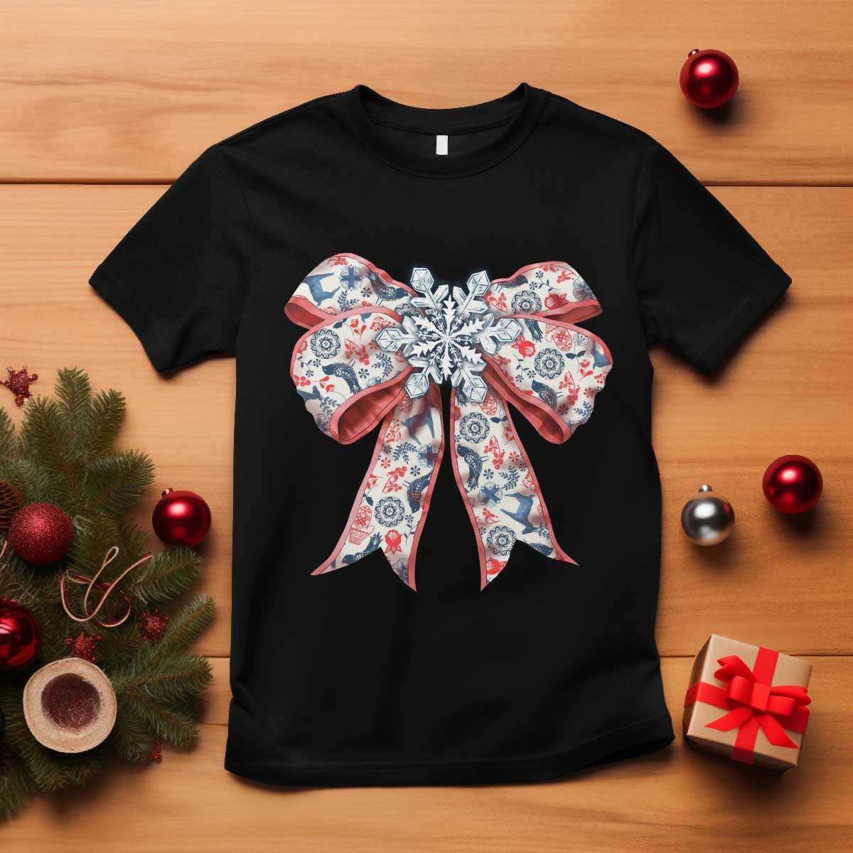 Funny Toile Folk Art Scandinavian Coquette Bow Christmas T Shirt - Wonder Print Shop