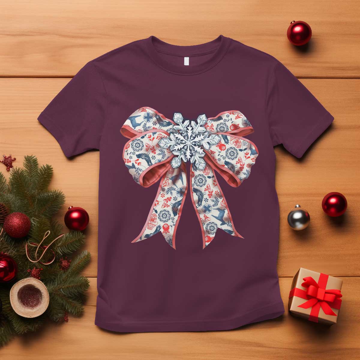 Funny Toile Folk Art Scandinavian Coquette Bow Christmas T Shirt - Wonder Print Shop