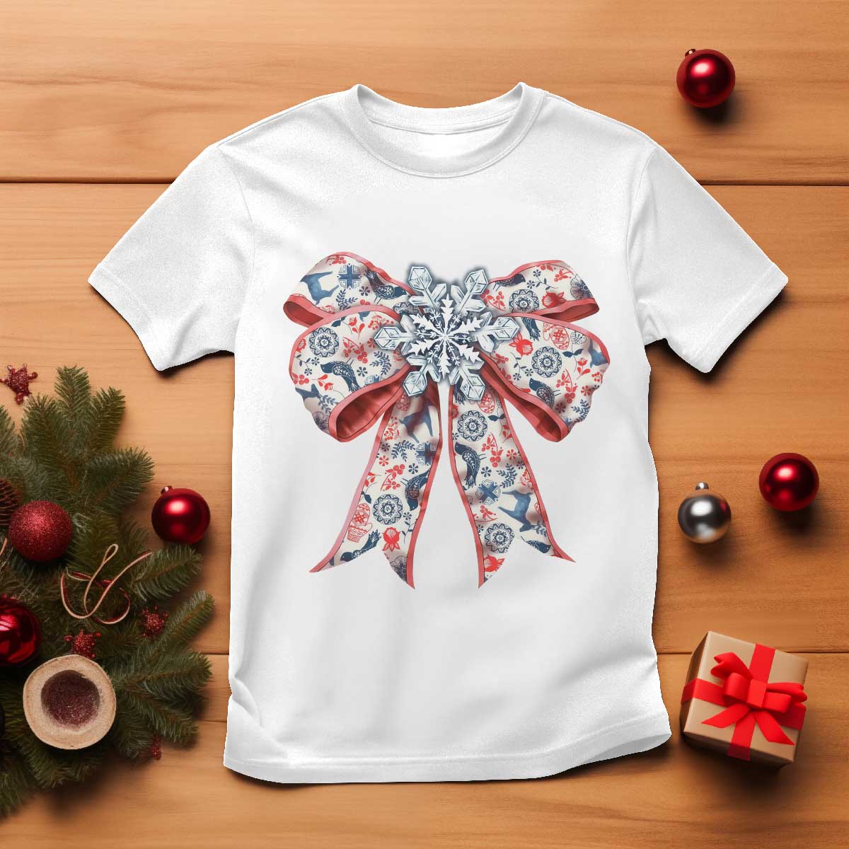 Funny Toile Folk Art Scandinavian Coquette Bow Christmas T Shirt - Wonder Print Shop