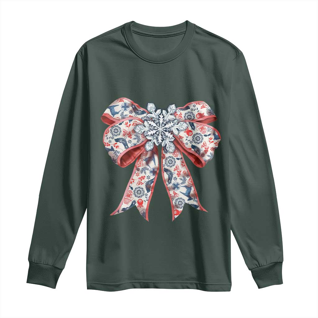 Funny Toile Folk Art Scandinavian Coquette Bow Christmas Long Sleeve Shirt