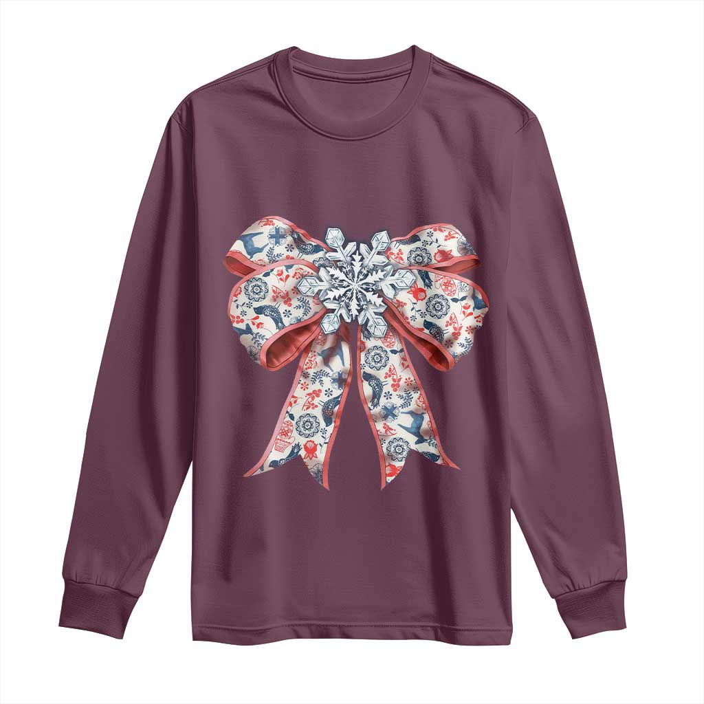 Funny Toile Folk Art Scandinavian Coquette Bow Christmas Long Sleeve Shirt