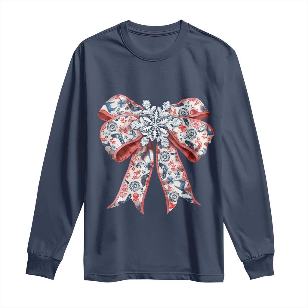 Funny Toile Folk Art Scandinavian Coquette Bow Christmas Long Sleeve Shirt