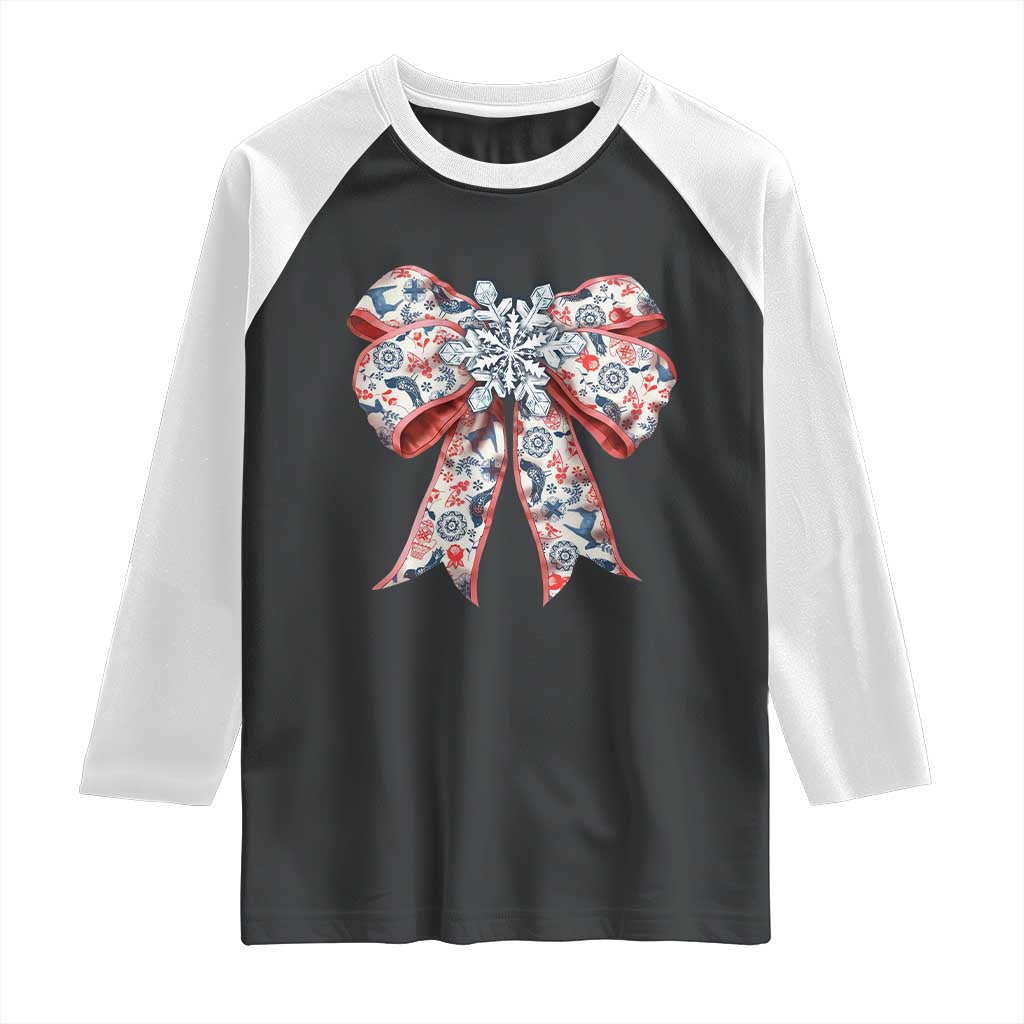 Funny Toile Folk Art Scandinavian Coquette Bow Christmas Raglan Shirt - Wonder Print Shop