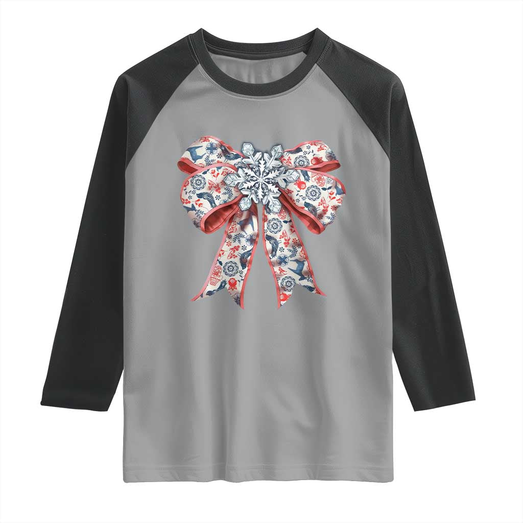 Funny Toile Folk Art Scandinavian Coquette Bow Christmas Raglan Shirt - Wonder Print Shop