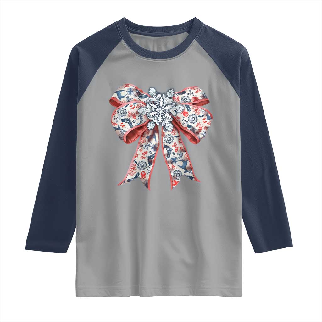 Funny Toile Folk Art Scandinavian Coquette Bow Christmas Raglan Shirt - Wonder Print Shop