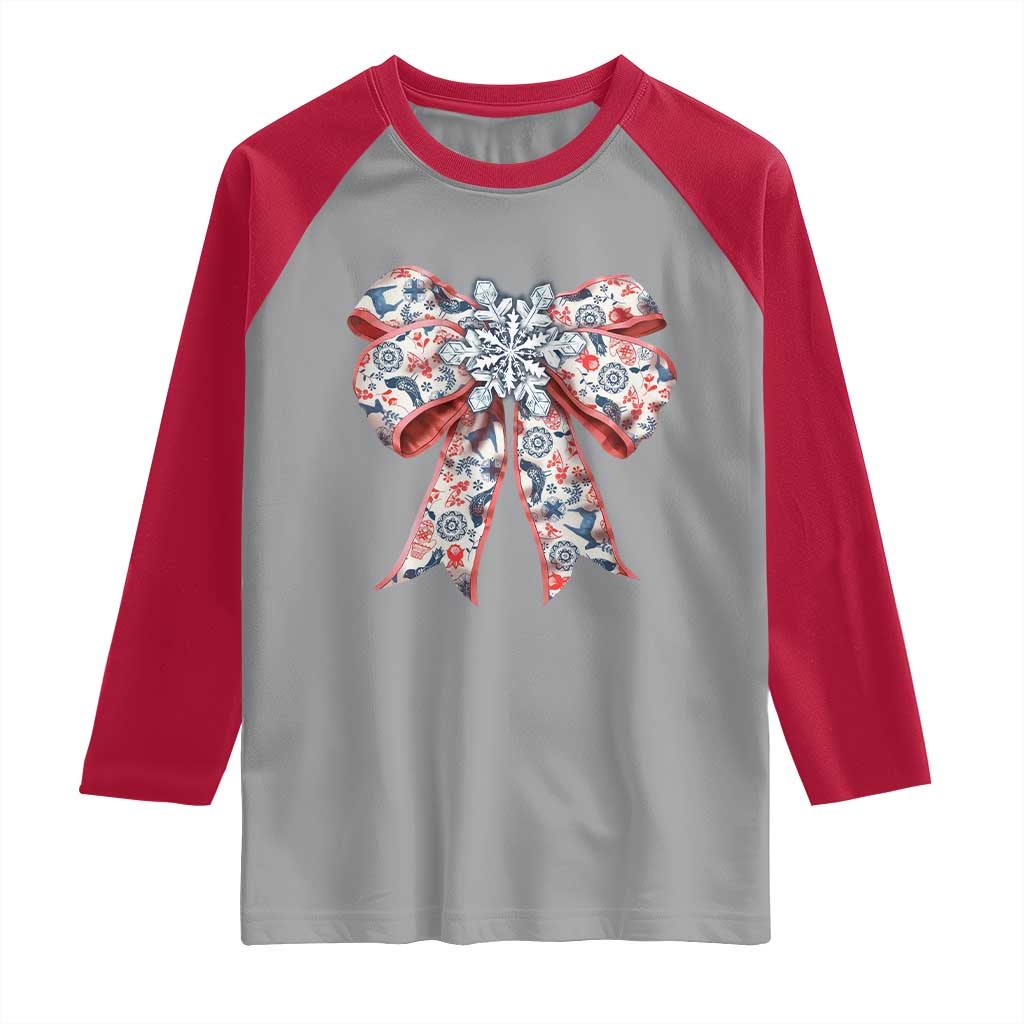 Funny Toile Folk Art Scandinavian Coquette Bow Christmas Raglan Shirt - Wonder Print Shop
