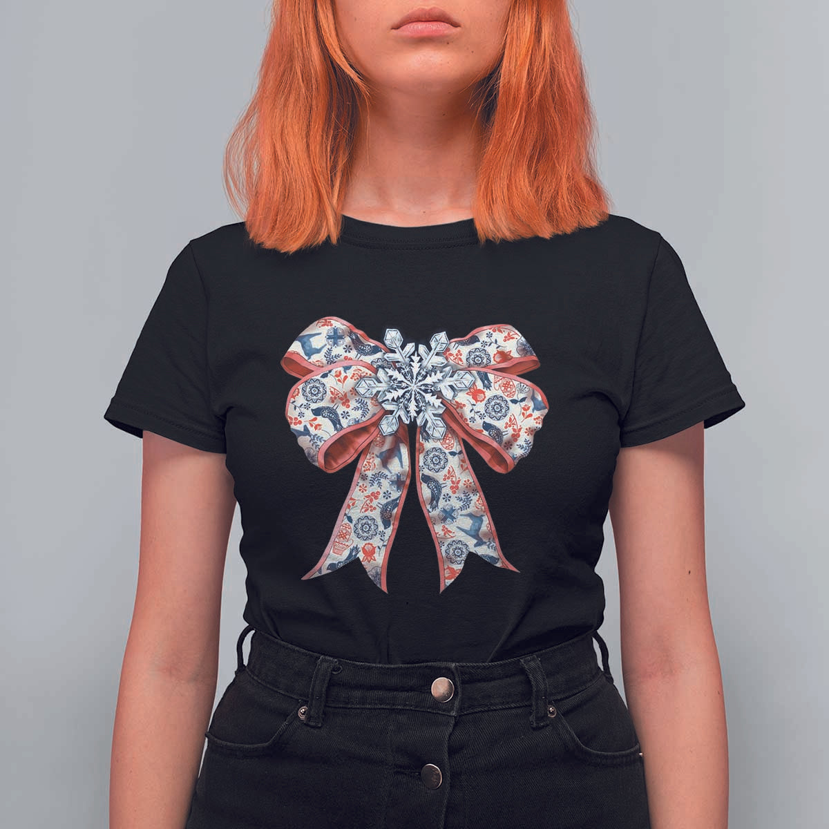 Funny Toile Folk Art Scandinavian Coquette Bow Christmas T Shirt For Women - Wonder Print Shop