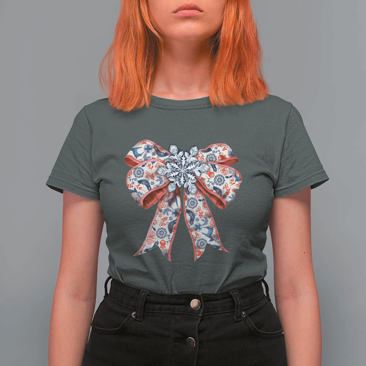 Funny Toile Folk Art Scandinavian Coquette Bow Christmas T Shirt For Women - Wonder Print Shop