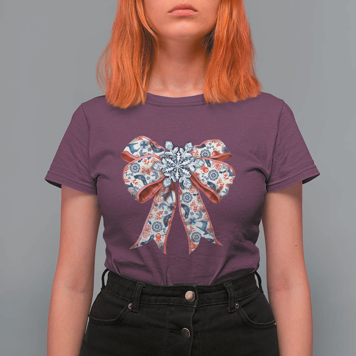 Funny Toile Folk Art Scandinavian Coquette Bow Christmas T Shirt For Women - Wonder Print Shop