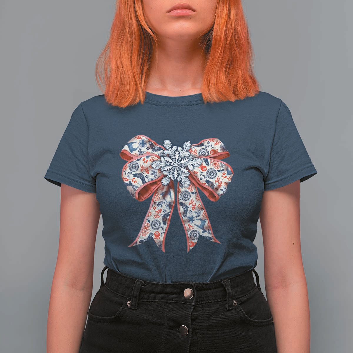 Funny Toile Folk Art Scandinavian Coquette Bow Christmas T Shirt For Women - Wonder Print Shop