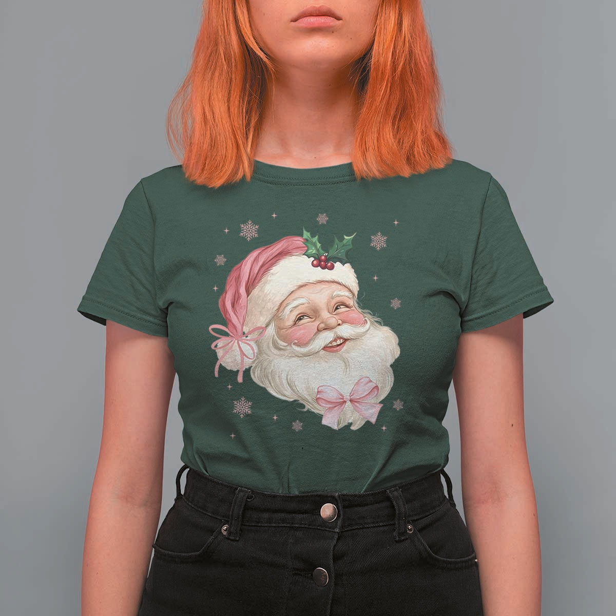 Christmas Coquette Pink Santa Bow T Shirt For Women - Wonder Print Shop