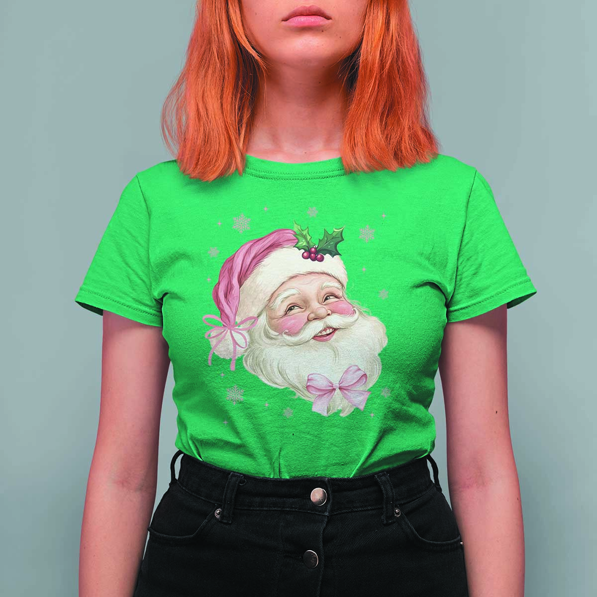 Christmas Coquette Pink Santa Bow T Shirt For Women - Wonder Print Shop