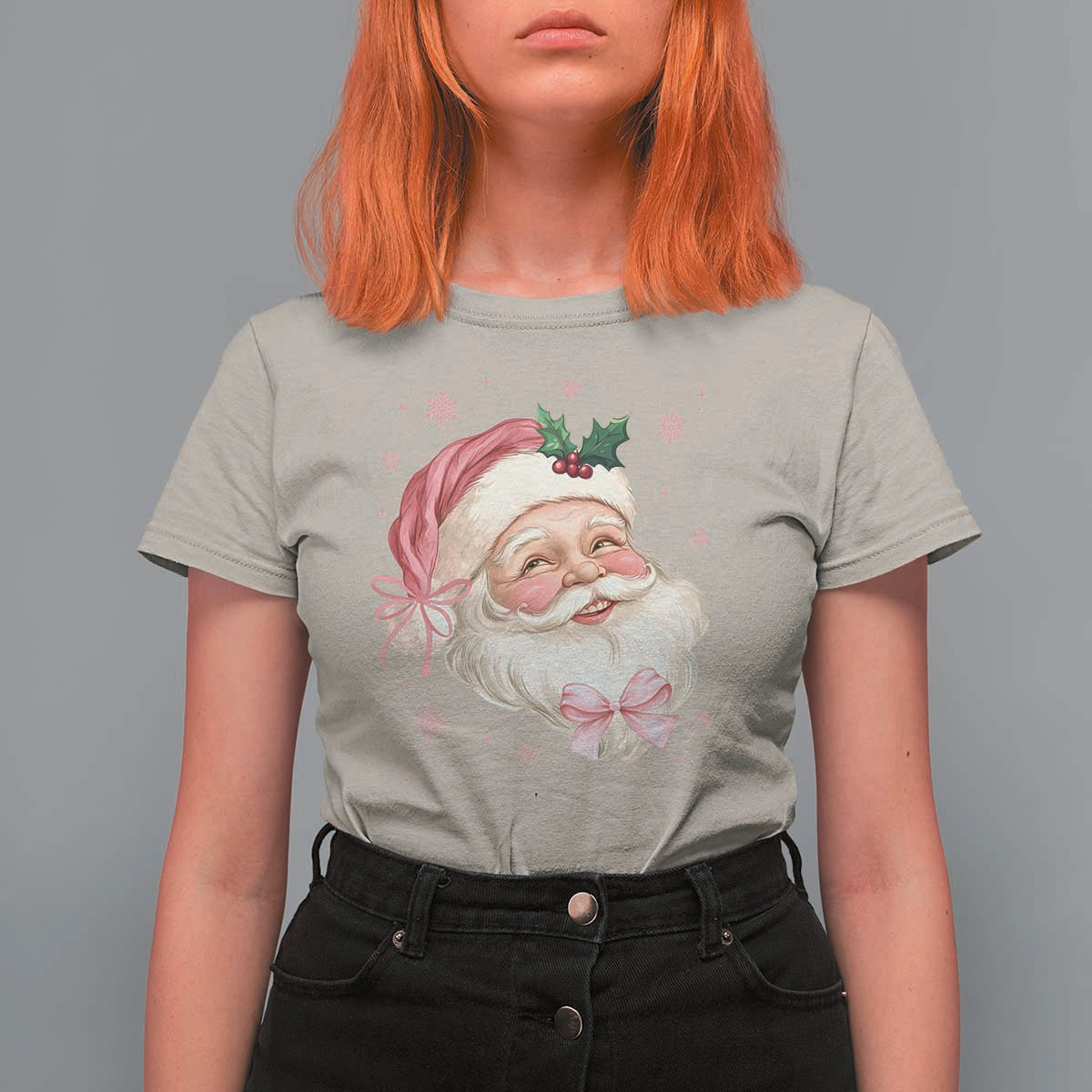 Christmas Coquette Pink Santa Bow T Shirt For Women - Wonder Print Shop