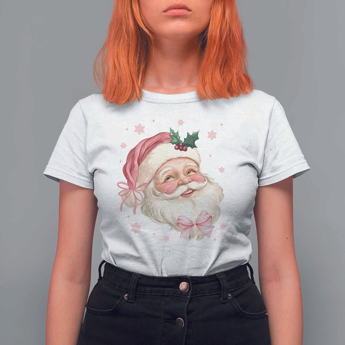 Christmas Coquette Pink Santa Bow T Shirt For Women - Wonder Print Shop