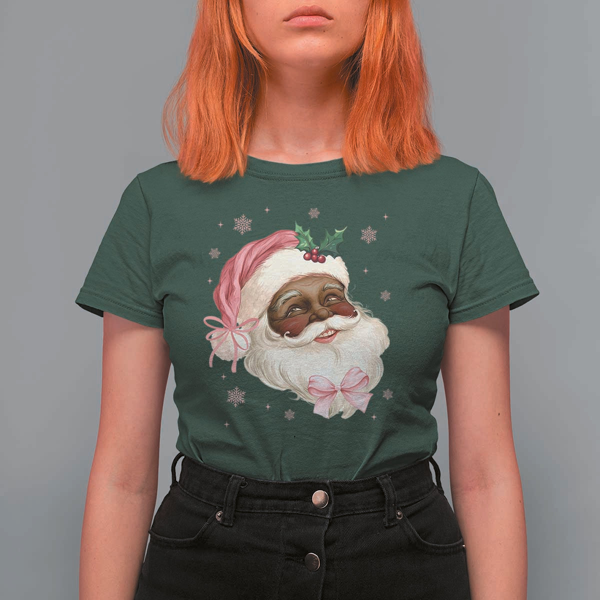 Christmas Coquette Pink Black Santa Bow T Shirt For Women - Wonder Print Shop