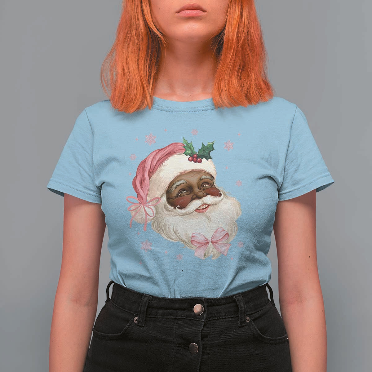 Christmas Coquette Pink Black Santa Bow T Shirt For Women - Wonder Print Shop