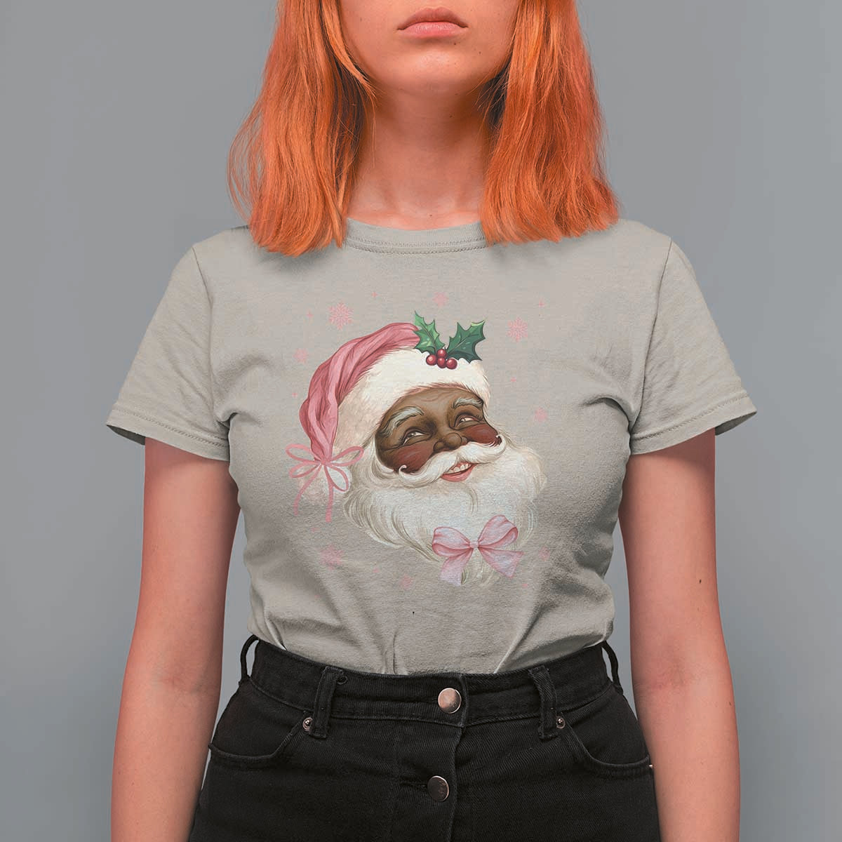 Christmas Coquette Pink Black Santa Bow T Shirt For Women - Wonder Print Shop