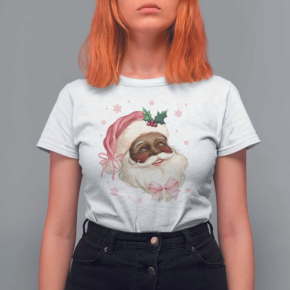 Christmas Coquette Pink Black Santa Bow T Shirt For Women - Wonder Print Shop