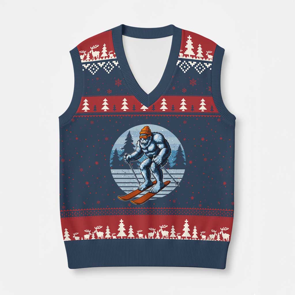 Funny Skiing Bigfoot Ski Winter Sport Yeti Snowboarder Skier V-Neck Knit Sweater Vest - Wonder Print Shop